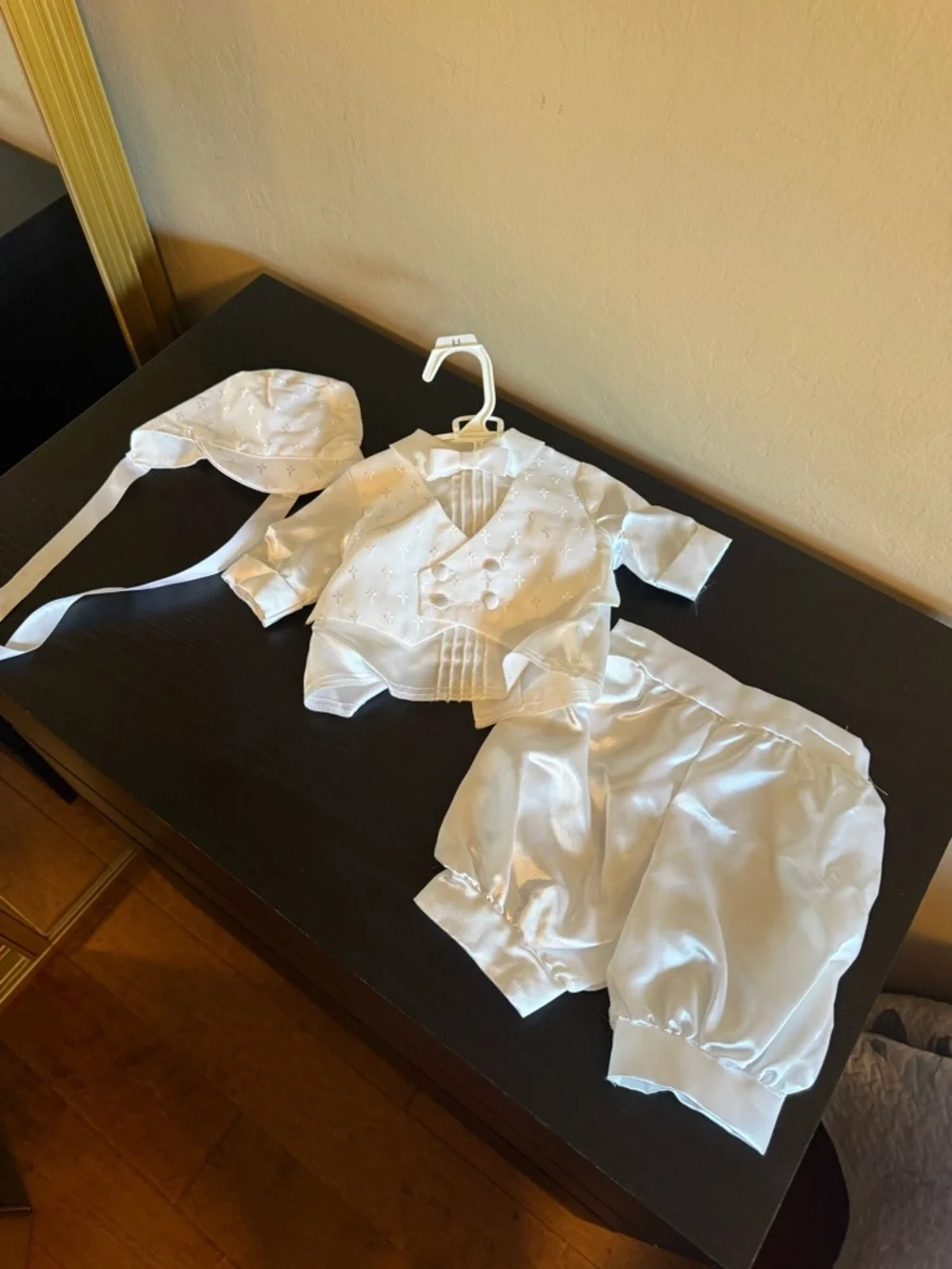 Vtg Baby Boy Christening Baptism Tuxedo Set White Satin Cross Embroidery  6-9M